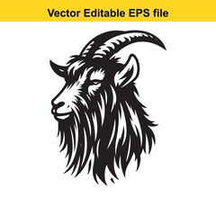 Fototapeta premium Black and white illustration of a goats head with long horns and beard, isolated on white background