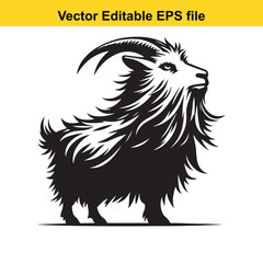 Fototapeta premium Black and white illustration of a goats head with long horns and beard, isolated on white background