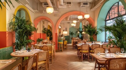 Vibrant interior of a restaurant with arches and plants