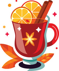 Functional Wellness Beverages Warm Mulled Wine with Orange Slices and Cinnamon Stick in a Glass Mug, Autumnal Drink...