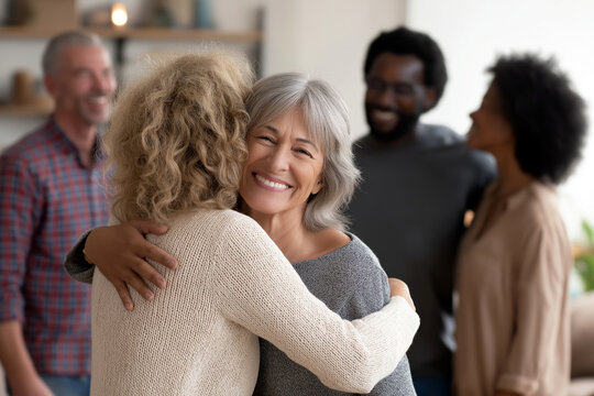 Warm Embrace of Friendship: Two mature women embrace warmly, showcasing genuine affection and connection amidst a backdrop of smiling friends, capturing a moment of heartfelt joy and camaraderie. - Powered by Adobe