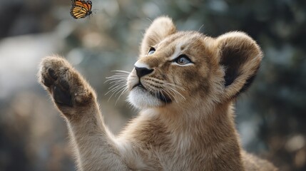 Obraz premium Cute lion cub playing with butterfly (1)