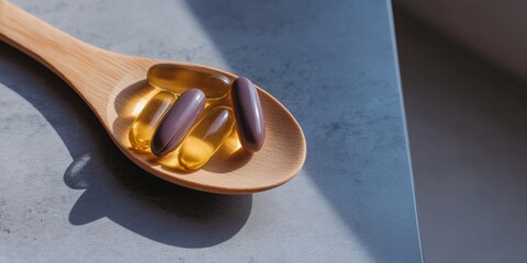 A spoonful of vitamins is on a table. The spoon is wooden and the vitamins are in a row