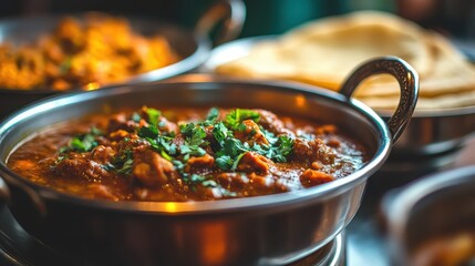 Delicious Indian Curry with Fresh Herbs and Soft Bread on Table