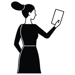a minimalist line drawing of a woman. She is depicted from the back and side profile, facing slightly upward.