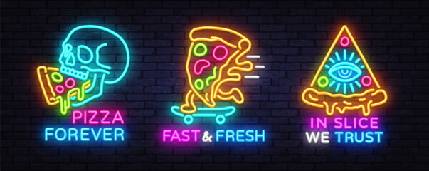 Pizza neon sign collection with text. Vector set featuring skull, skateboard slice, and triangle eye slice with phrases PIZZA FOREVER, FAST FRESH, IN SLICE WE TRUST on dark wall