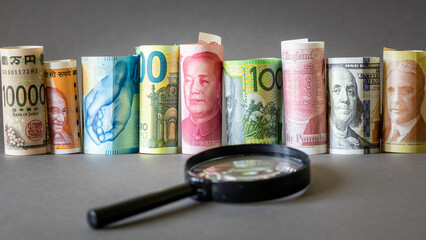 courses of the main world currencies. Financial concept. magnifying glass and money, dollar, pound, yen, yuan, Indian rupee, Australian and Canadian dollar, Swiss franc