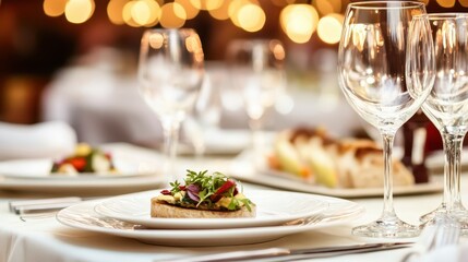Elegant Dining Experience with Gourmet Dish and Fine Glassware Setup