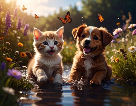 A cat and a dog playing with butterflies - Powered by Adobe