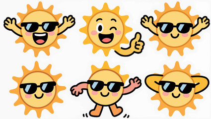 Happy sun cartoon characters with sunglasses &ndash; vector summer sticker set