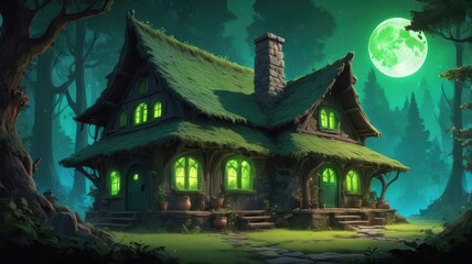 Enchanting forest cottage with glowing green windows under a luminous full moon