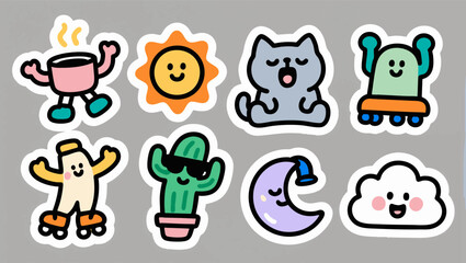 Fototapeta premium Cute Kawaii Sticker Set with Funny Characters