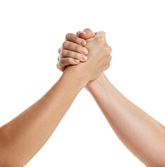 Intertwined Arms and Hands: A Close View of Two Individuals with white Skin in a Strong Grip, Suggesting Unity or a Test of Power on a Light Surface on transparent background