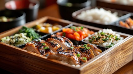 Obraz premium Delicious Japanese Chicken Bento Box with Fresh Ingredients and Rice