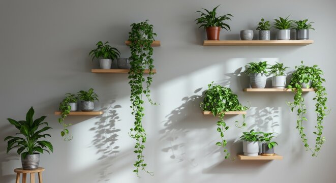 indoor plant wall with cascading green vines and potted houseplants arranged neatly on floating wooden shelves against a light gray wall.