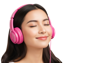 Young woman wearing pink headphones with closed eyes, smiling peacefully while enjoying music in a calm and relaxing moment alone isolated on Transparent background