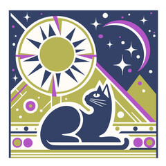 A minimalist and modern vector illustration of an Egyptian cat, surrounded by pyramids under the sun or moon with stars, simple shapes and lines, a geometric pattern background.