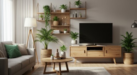 living room interior featuring lush green houseplants in woven and ceramic pots, wooden wall shelves with minimal décor, and a TV mounted above a sleek wooden cabinet. 