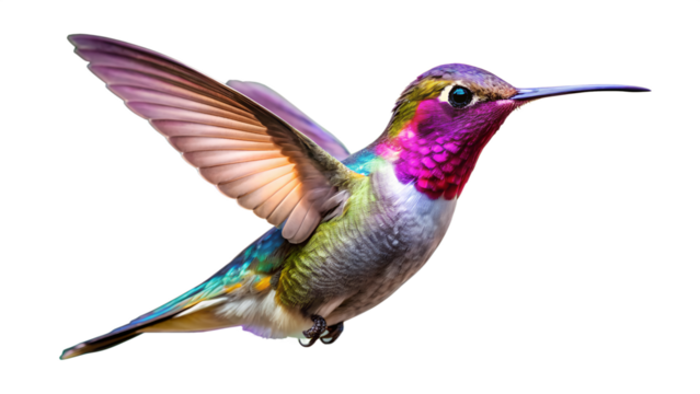 A vibrant hummingbird with iridescent feathers hovers in midflight, its wings blurred with motion, isolated on a transparent background