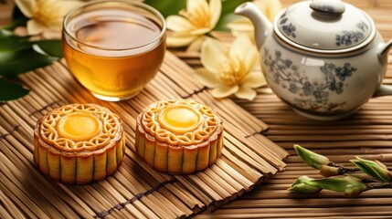 Fototapeta premium Elegant Mooncake with Tea and Floral Arrangement on Bamboo Mat