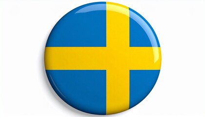 Obraz premium : A circular button displaying the Swedish flag, featuring a yellow Nordic cross on a blue background—symbolizing national pride, identity, and Scandinavian heritage.