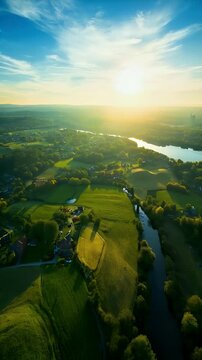 Stunning Aerial View of a Peaceful Countryside Landscape at Sunset with a Meandering River