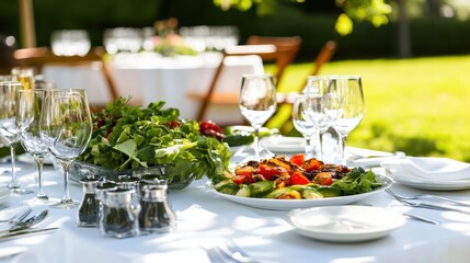 Fototapeta premium Elegant Outdoor Dining Setup with Fresh Salad and Tableware