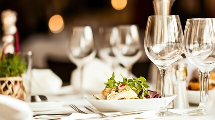 Fototapeta premium Elegant Table Setting with Gourmet Dish and Glassware at Restaurant