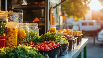 Obraz premium Colorful Food Truck Offering Fresh Vegetables and Fruits at Sunset