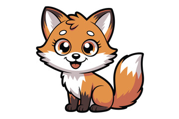 A cartoon fox with big eyes sitting and smiling on a white background in a simple illustration