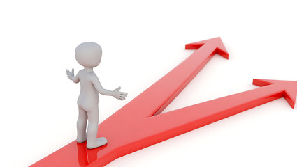 3D Render:  Indecisive Figure Facing Two Red Arrows,  Choice, Decision,  Business Concept,  Strategic Planning,  Future Direction.