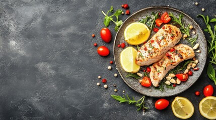 Grilled Salmon with Fresh Vegetables and Lemon Garnish on Plate