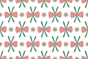 Fototapeta premium Repeating pattern of pink bows with green ribbons and small flowers on a white background design art
