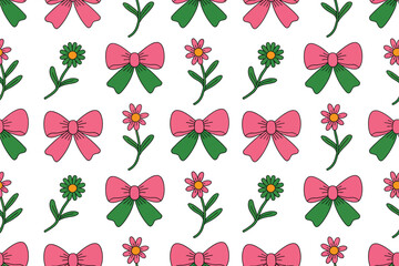 Repeating pattern of pink bows with green accents and daisy flowers on a white background design layout