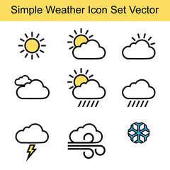 Set of minimalist weather icons in vector format. Includes sun, clouds, rain, wind, and lightning symbols.