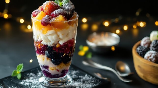 Colorful Fruit Parfait in Tall Glass Dish with Garnish and Bokeh Effect