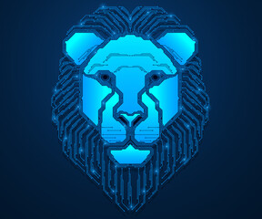 The digital lion. The contours of the muzzle and mane consist of lines simulating tracks and connections on a microchip. Blue background.