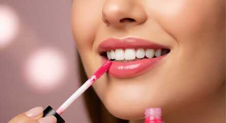 A woman applying pink lip gloss with a shiny finish