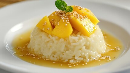 Sweet Mango Rice Dessert with Drizzle and Sesame Seeds Garnish