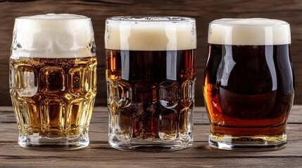 Three Glasses of Different Beer Varieties on Wooden Table
