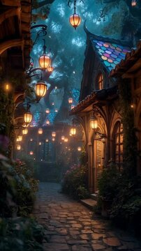 Fantasy Village Path with Lanterns at Night