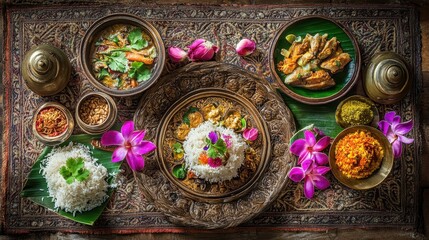 Traditional Asian Feast with Colorful Dishes and Fresh Flowers