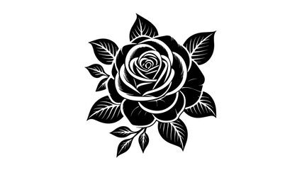 Stylized black ink rose illustration in full bloom with symmetrical leaves, ideal for tattoo design, graphic art, or floral pattern concepts. © MehediHasan