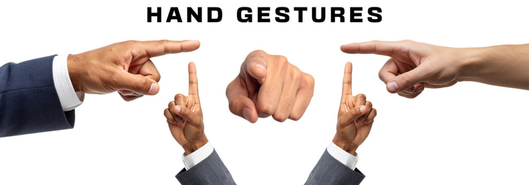 Diverse hands pointing gesturing indicating direction Hand gestures on transparent background