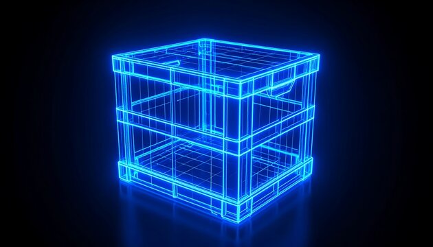 Neon blue wireframe crate on dark background - Powered by Adobe