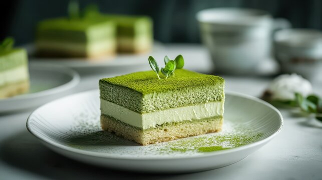Delicious matcha layer cake with creamy filling and fresh garnish