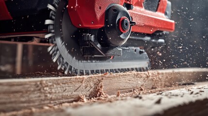 A red circular saw cuts through a wooden plank creating sawdust