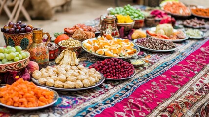 Vibrant Display of Fresh Fruits and Nuts on Colorful Tablecloth