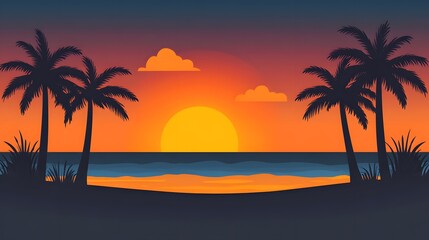 Fototapeta premium Stunning Sunset Beach Scene with Palm Trees Silhouette