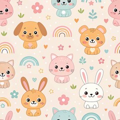 Cute seamless pattern with funny cartoon animals and pets in a playful design